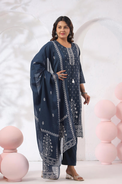 GulBloom Midnight Indigo Printed Cotton Kurta Set