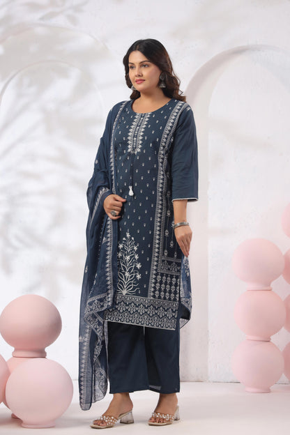 GulBloom Midnight Indigo Printed Cotton Kurta Set