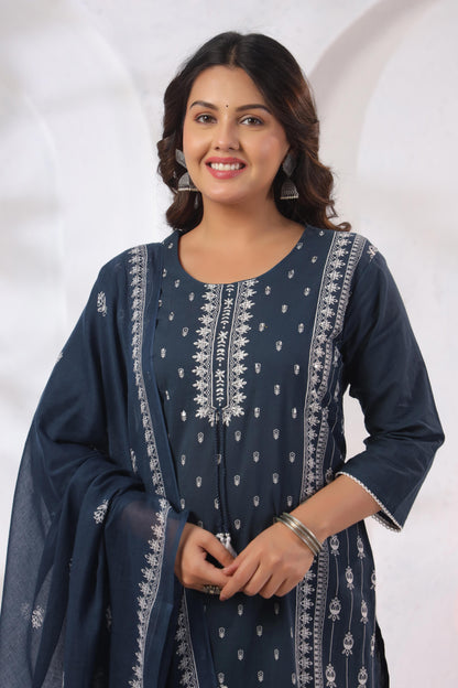 GulBloom Midnight Indigo Printed Cotton Kurta Set
