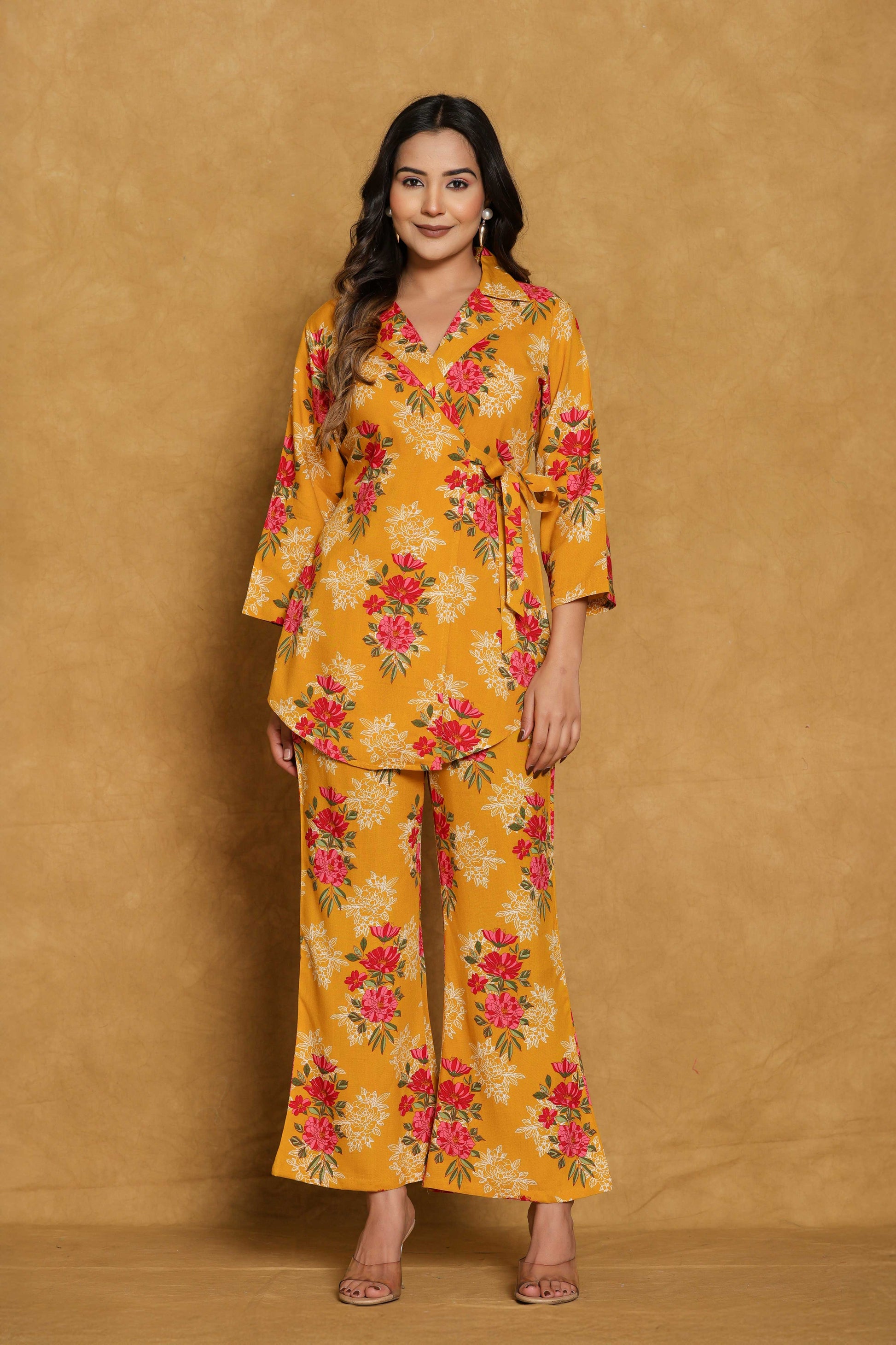 Everyday Wear
Cotton
Co-Ord Set for Women
floral print
musturd 
yellow
red
daily wear
casual wear
