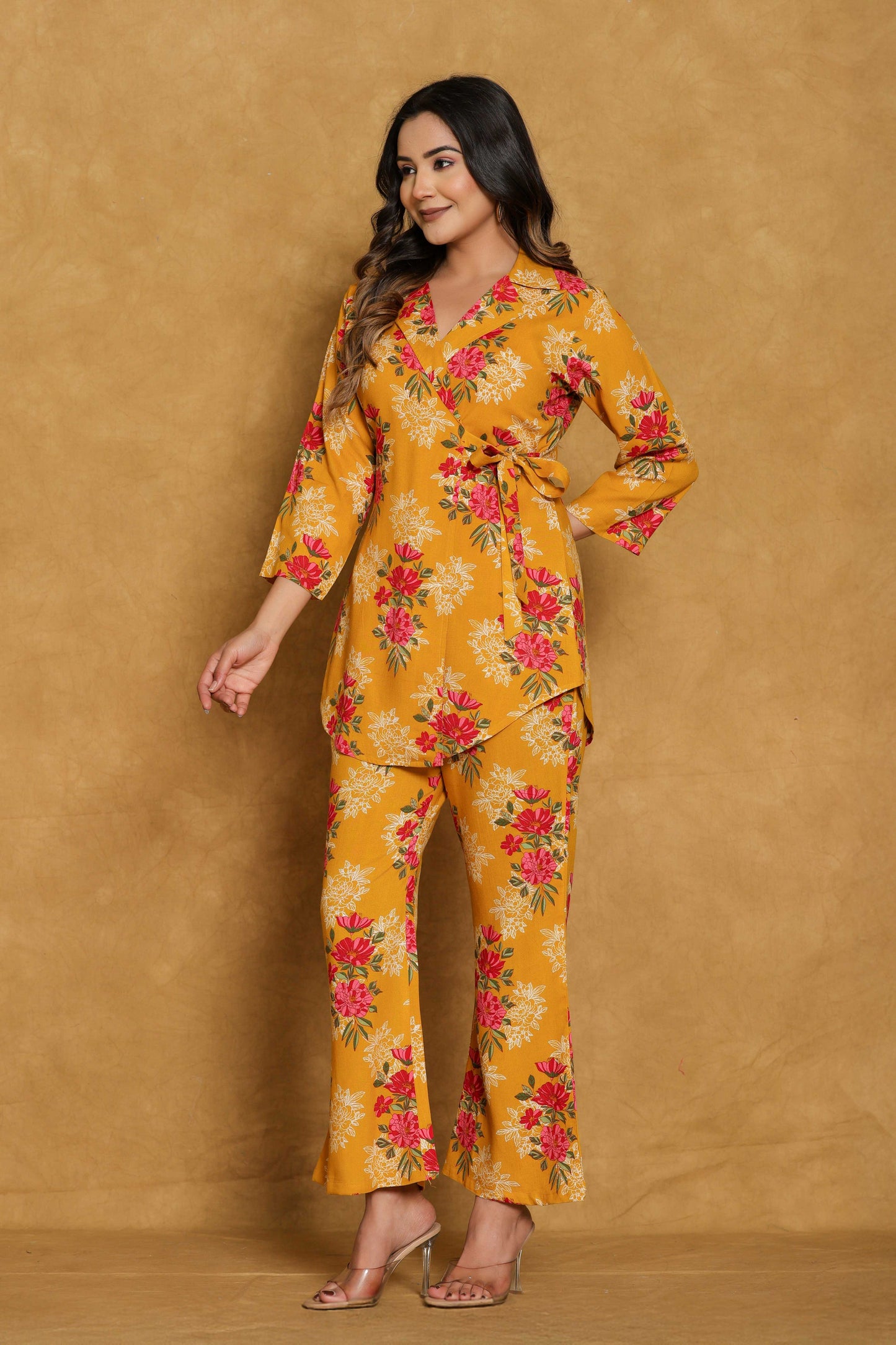 Everyday Wear
Cotton
Co-Ord Set for Women
floral print
musturd 
yellow
red
daily wear
casual wear
