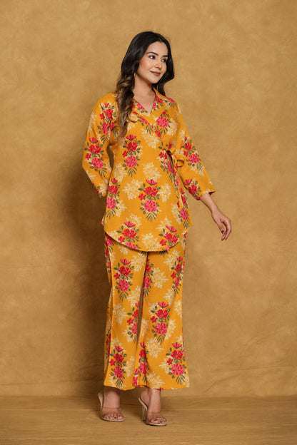 Everyday Wear
Cotton
Co-Ord Set for Women
floral print
musturd 
yellow
red
daily wear
casual wear
