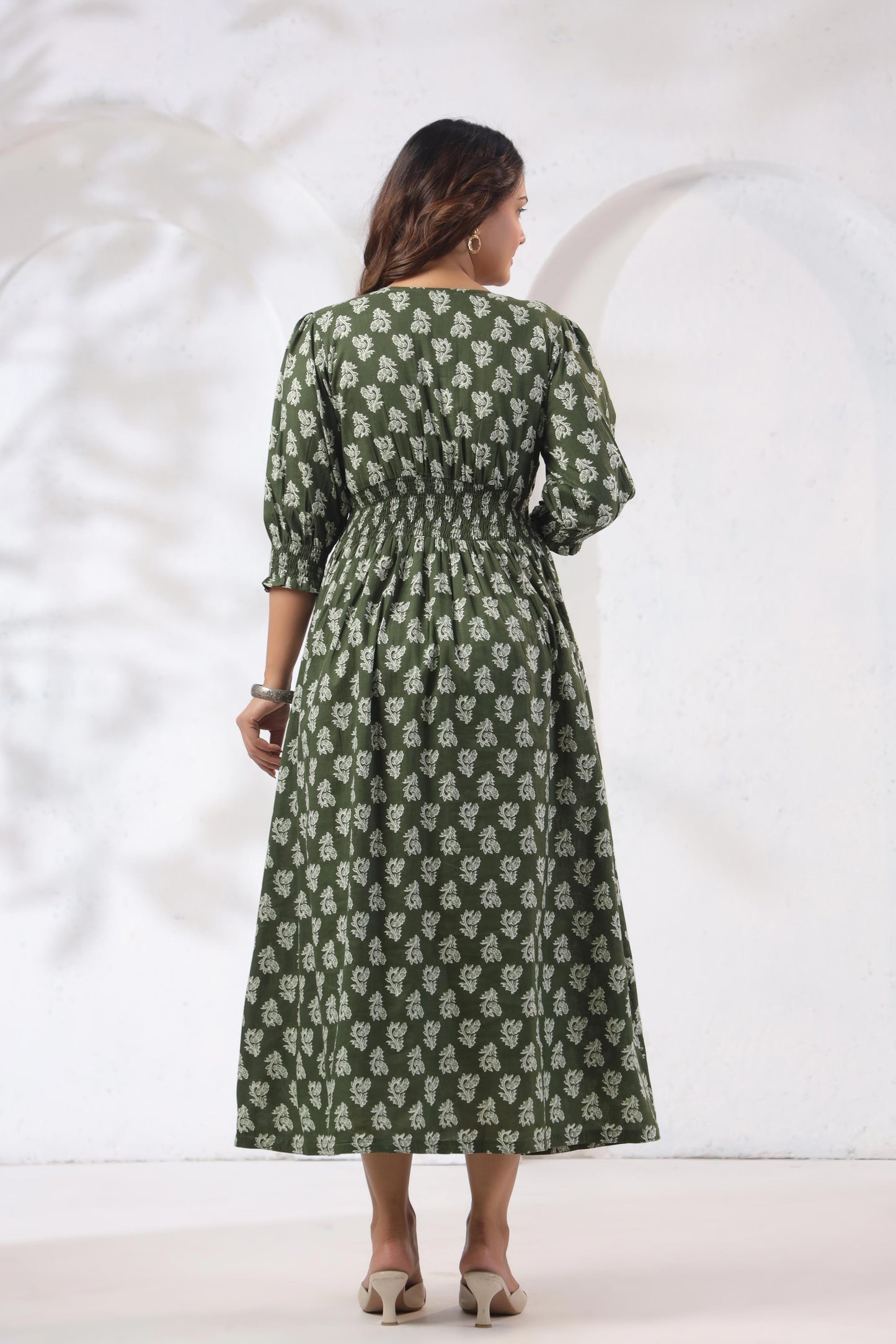 GulBloom Olive Meadow Printed Cotton Midi Dress