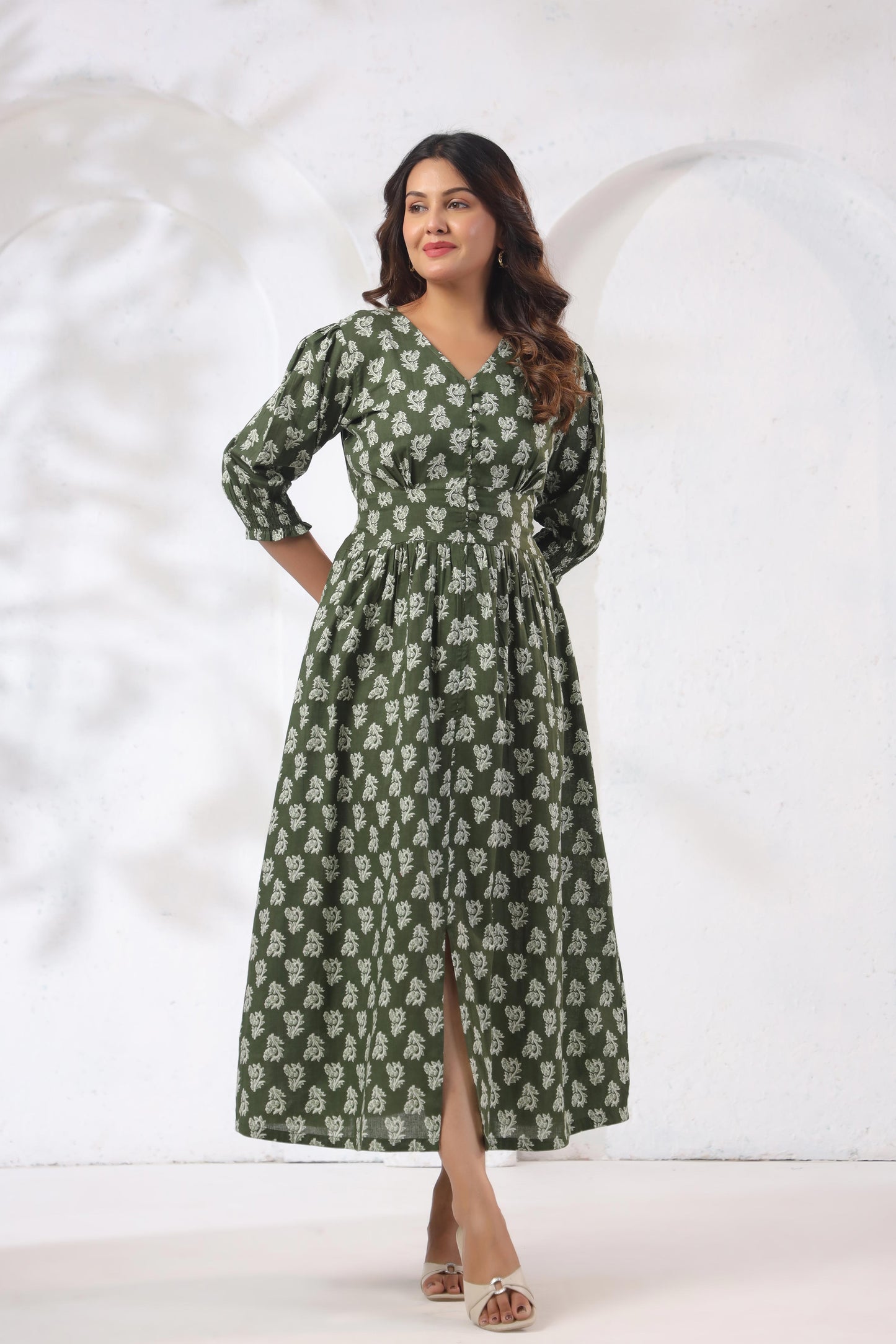 GulBloom Olive Meadow Printed Cotton Midi Dress