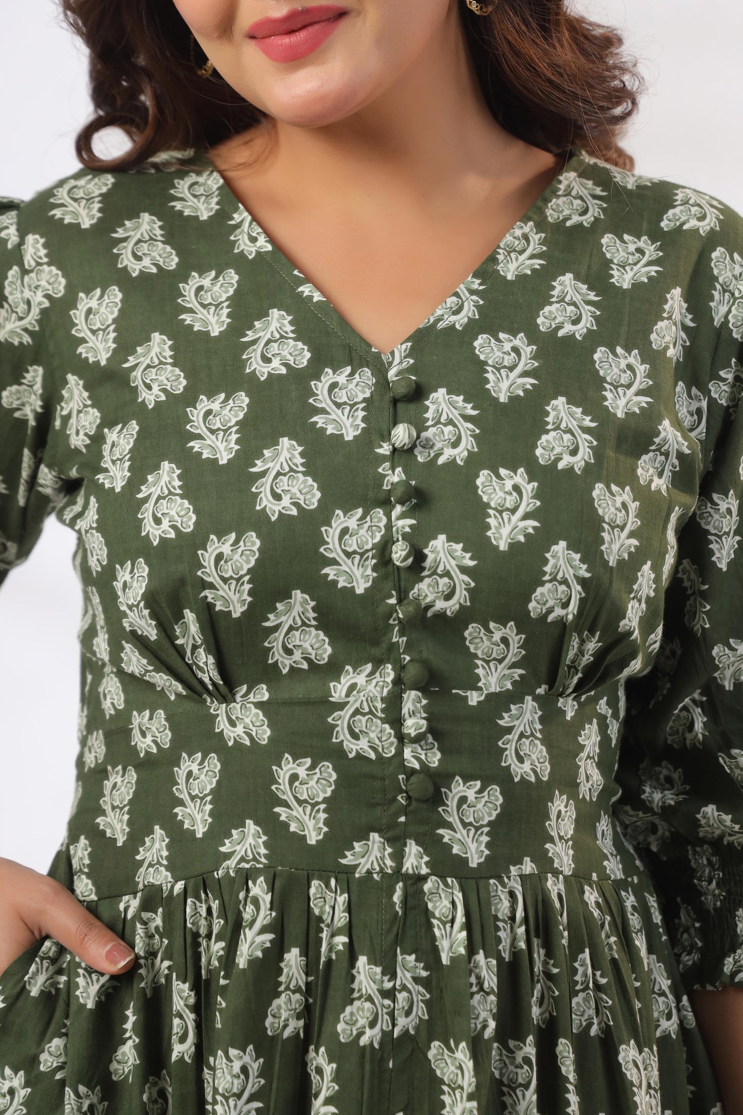 GulBloom Olive Meadow Printed Cotton Midi Dress