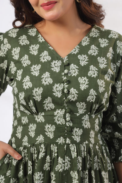 GulBloom Olive Meadow Printed Cotton Midi Dress