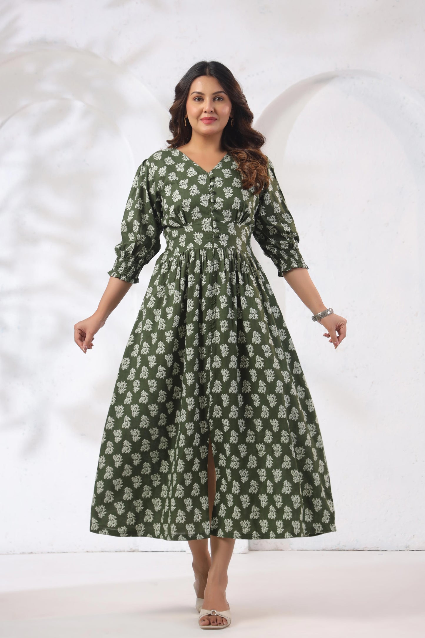 GulBloom Olive Meadow Printed Cotton Midi Dress