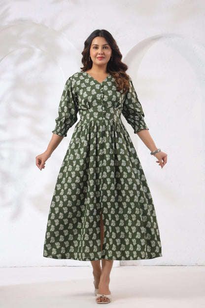 GulBloom Olive Meadow Printed Cotton Midi Dress
