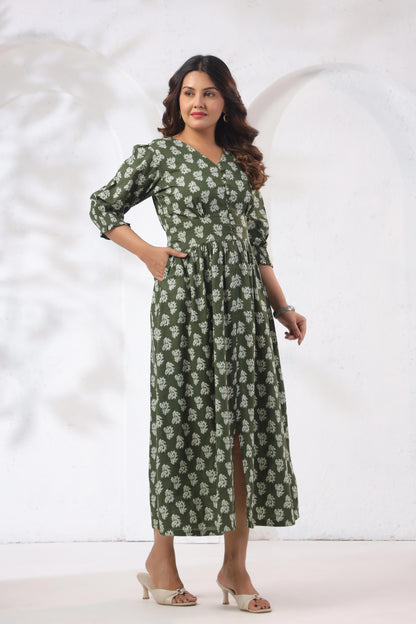 GulBloom Olive Meadow Printed Cotton Midi Dress