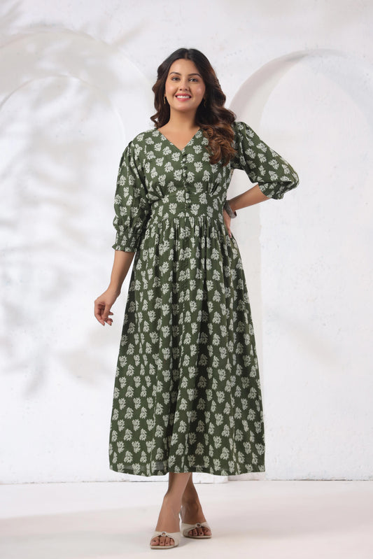 GulBloom Olive Meadow Printed Cotton Midi Dress