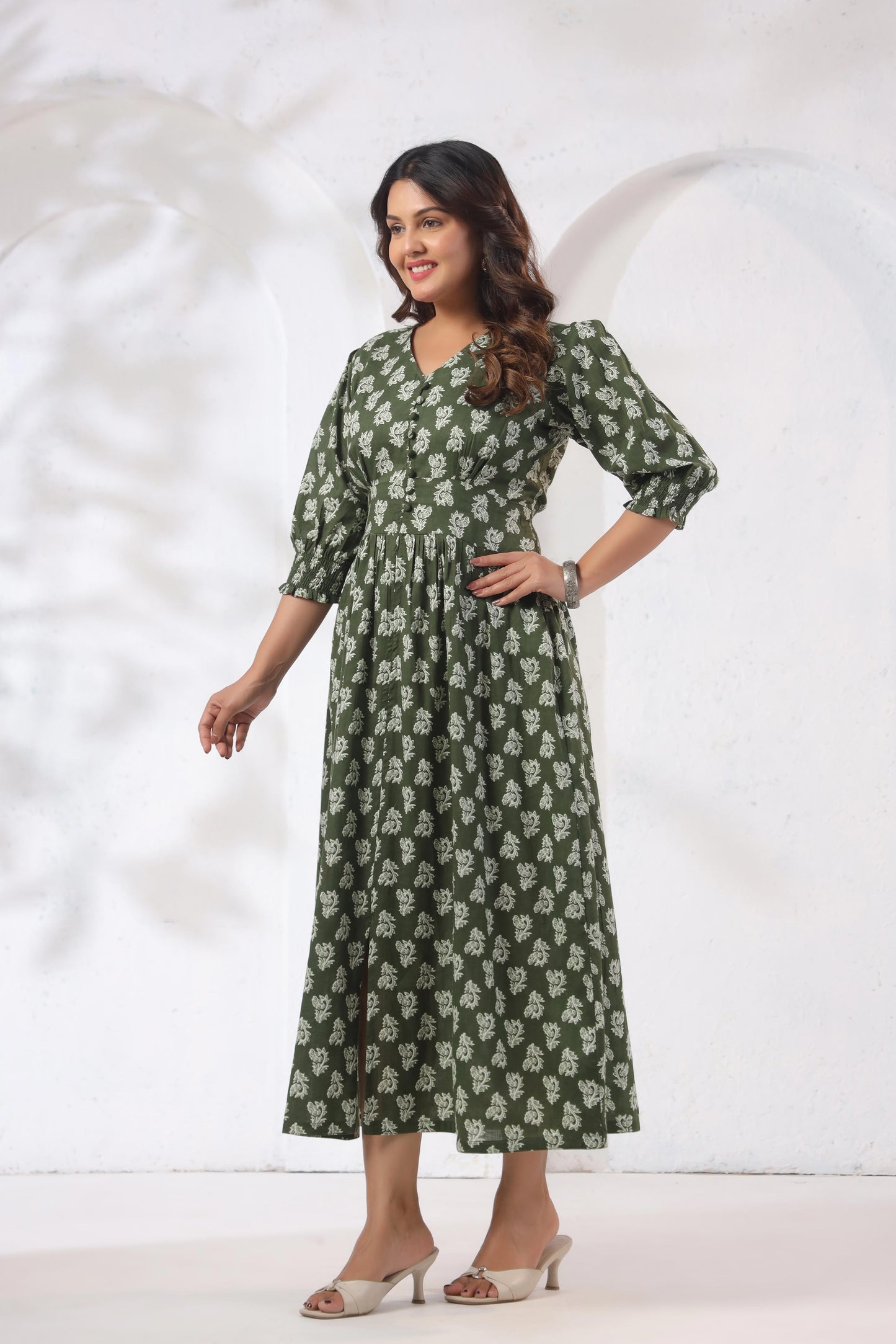 GulBloom Olive Meadow Printed Cotton Midi Dress