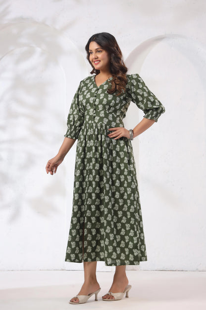 GulBloom Olive Meadow Printed Cotton Midi Dress