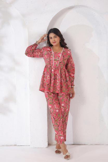 GulBloom Rosy Meadow Printed Cotton Co-ord Set