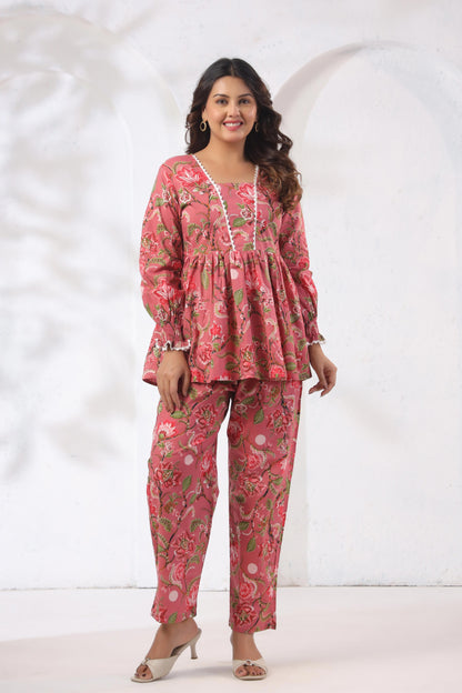 GulBloom Rosy Meadow Printed Cotton Co-ord Set