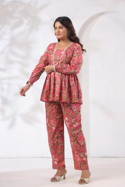 GulBloom Rosy Meadow Printed Cotton Co-ord Set