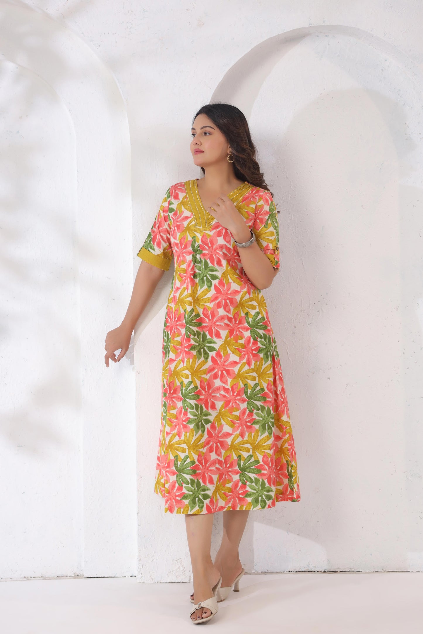 GulBloom Summer Petal Printed Cotton Midi Dress