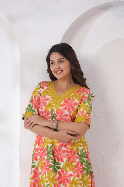 GulBloom Summer Petal Printed Cotton Midi Dress