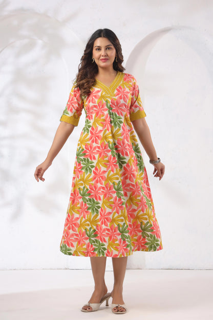 GulBloom Summer Petal Printed Cotton Midi Dress