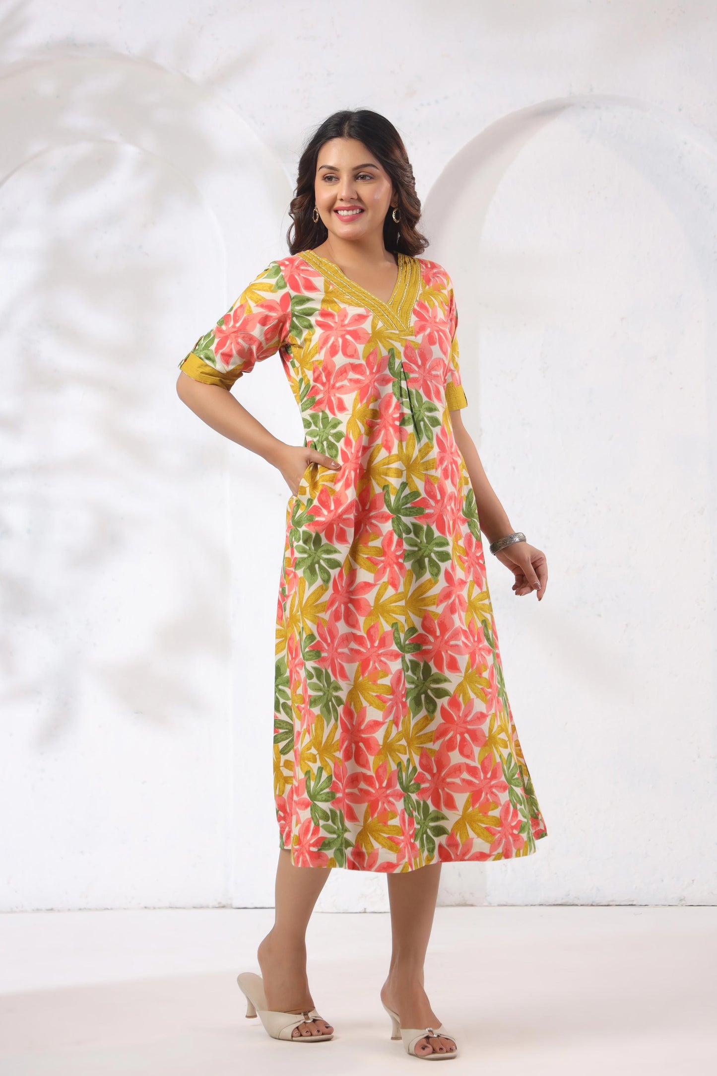 GulBloom Summer Petal Printed Cotton Midi Dress