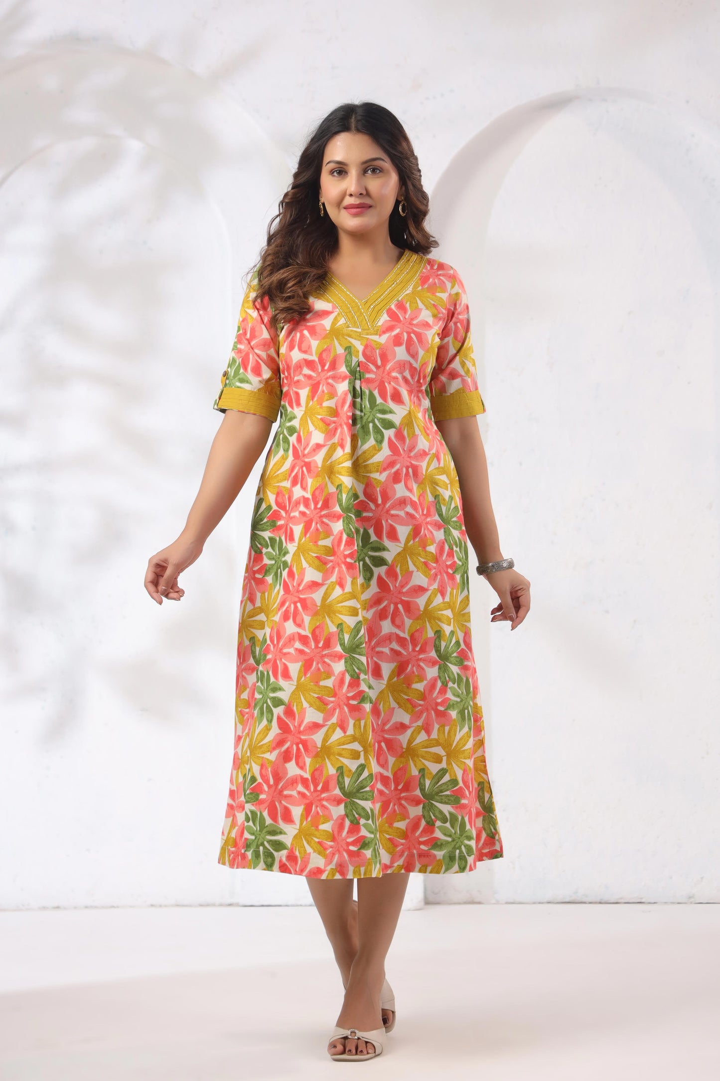 GulBloom Summer Petal Printed Cotton Midi Dress