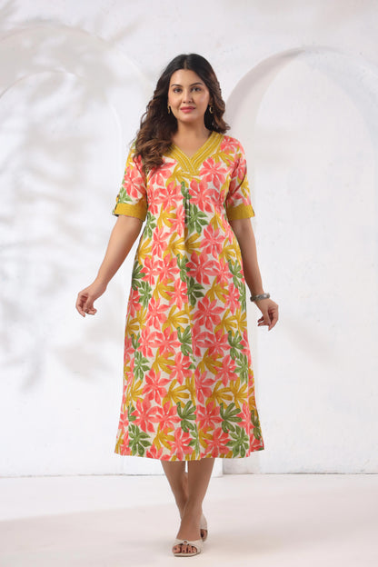 GulBloom Summer Petal Printed Cotton Midi Dress