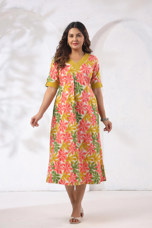 GulBloom Summer Petal Printed Cotton Midi Dress