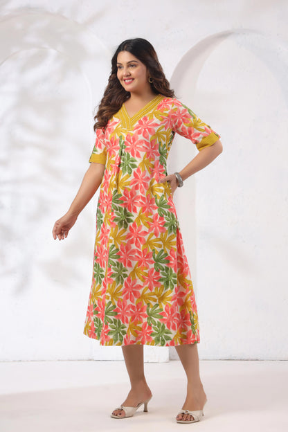 GulBloom Summer Petal Printed Cotton Midi Dress