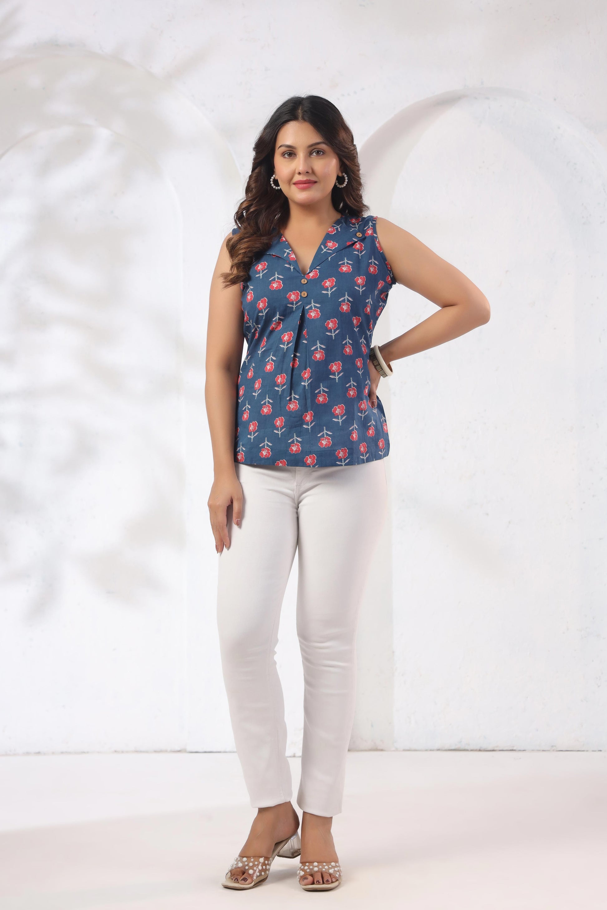 GulBloom Indigo Petal Printed Cotton Sleeveless Top in indigo blue with botanical petal print – front view, Karpaa