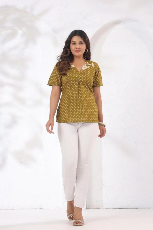 Noor Aura Amber Dot Printed 100% Cotton Top in amber brown with V-neck and half sleeves — Karpaa