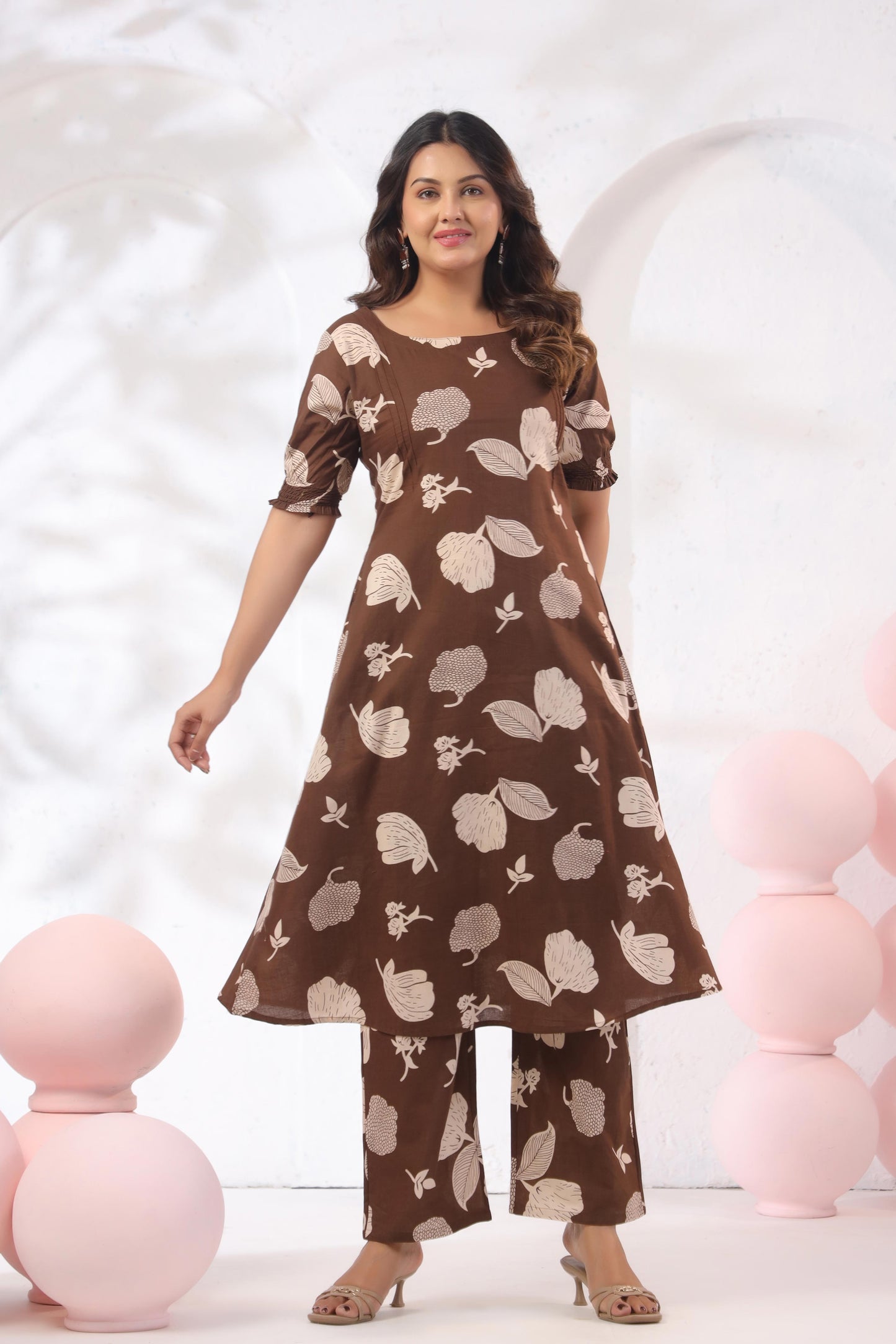 Noor Aura Cocoa Botanical Printed Cotton Co-ord Set
