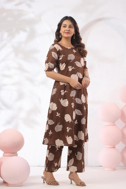 Noor Aura Cocoa Botanical Printed Cotton Co-ord Set