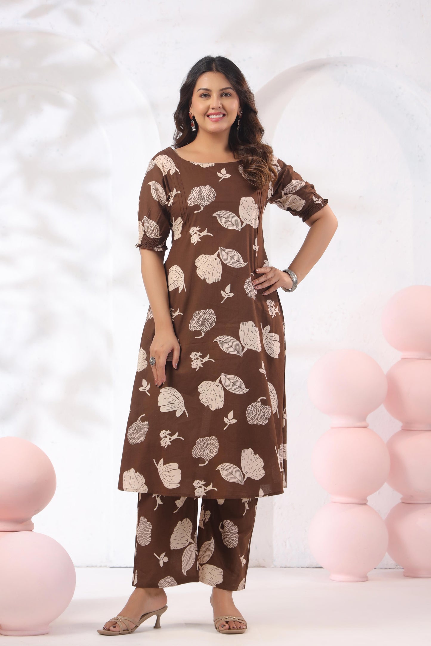 Noor Aura Cocoa Botanical Printed Cotton Co-ord Set