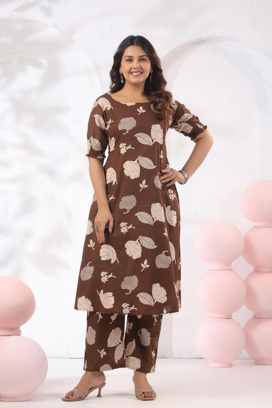 Noor Aura Cocoa Botanical Printed Cotton Co-ord Set