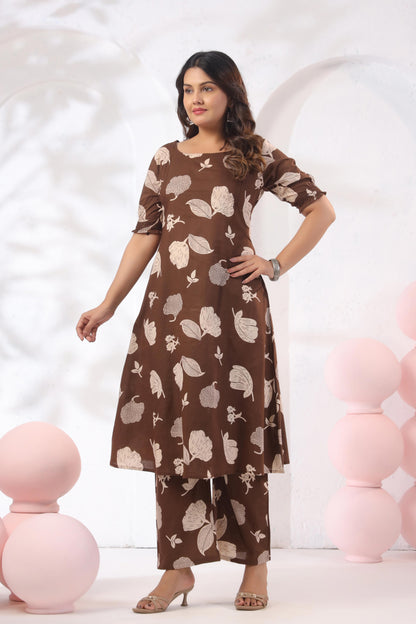 Noor Aura Cocoa Botanical Printed Cotton Co-ord Set