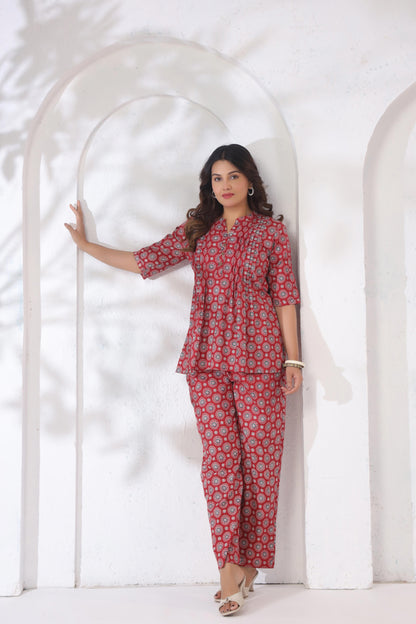 Noor Aura Crimson Medallion Printed Cotton Co-ord Set