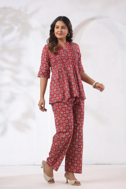 Noor Aura Crimson Medallion Printed Cotton Co-ord Set