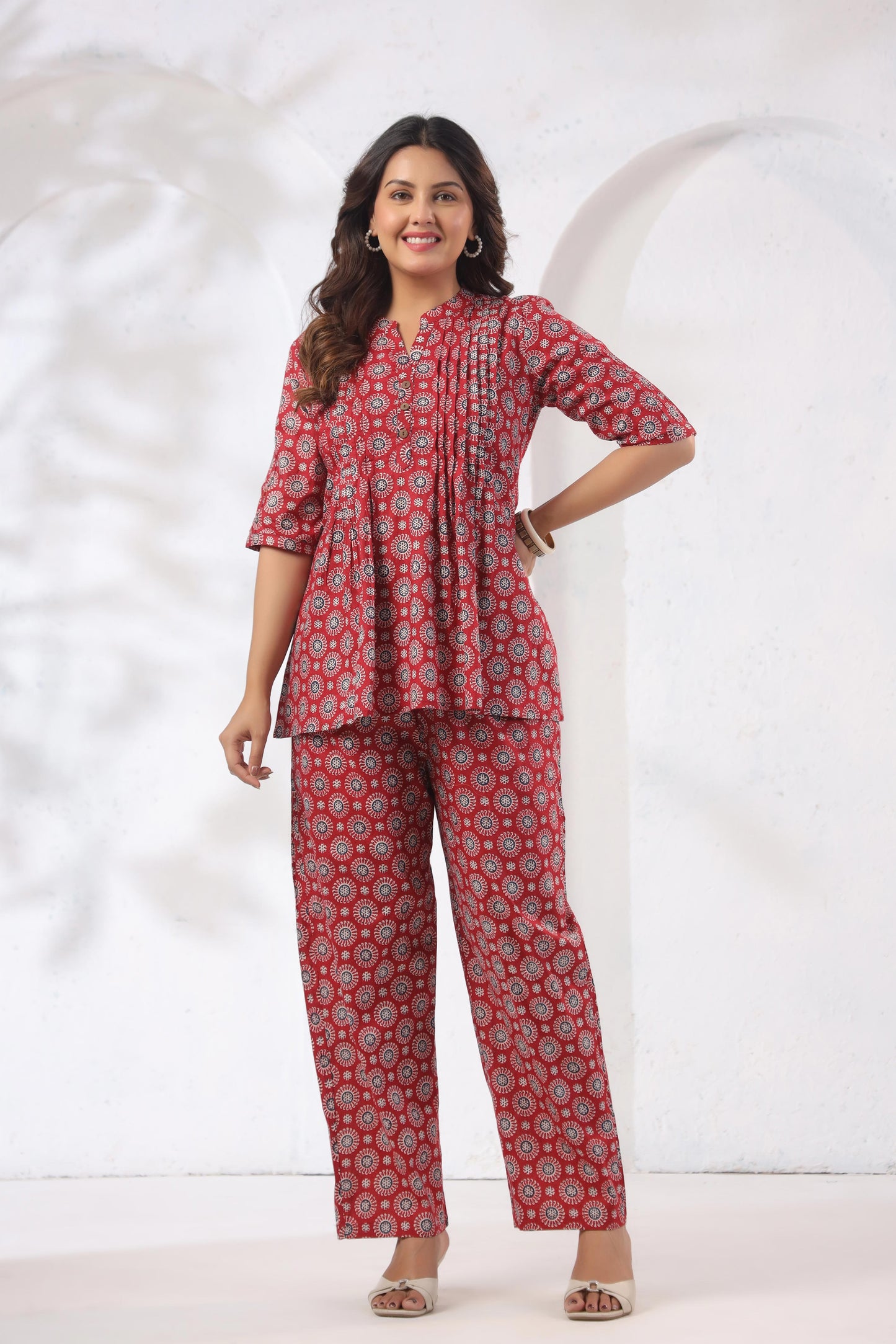 Noor Aura Crimson Medallion Printed Cotton Co-ord Set