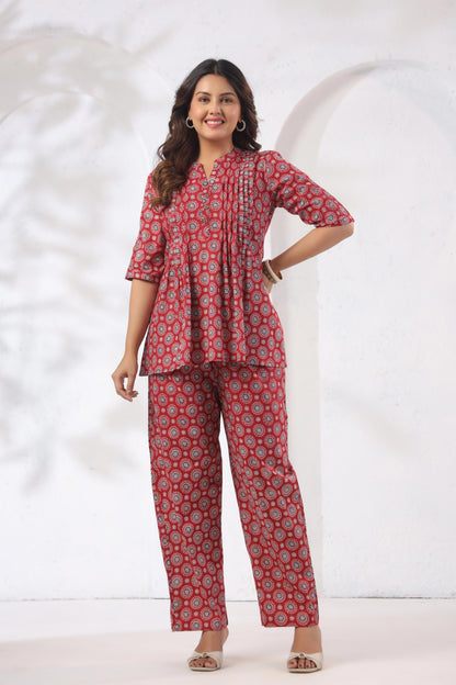 Noor Aura Crimson Medallion Printed Cotton Co-ord Set