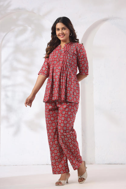 Noor Aura Crimson Medallion Printed Cotton Co-ord Set