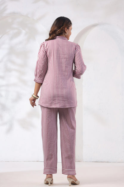 Noor Aura Rose Stripe Printed Cotton Co-ord Set