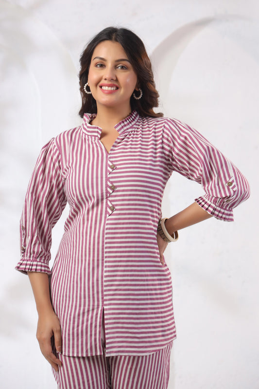 Noor Aura Rose Stripe Printed Cotton Co-ord Set