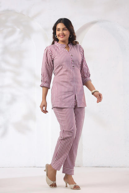 Noor Aura Rose Stripe Printed Cotton Co-ord Set