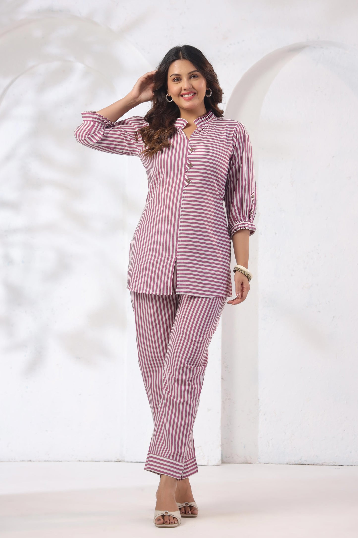 Noor Aura Rose Stripe Printed Cotton Co-ord Set