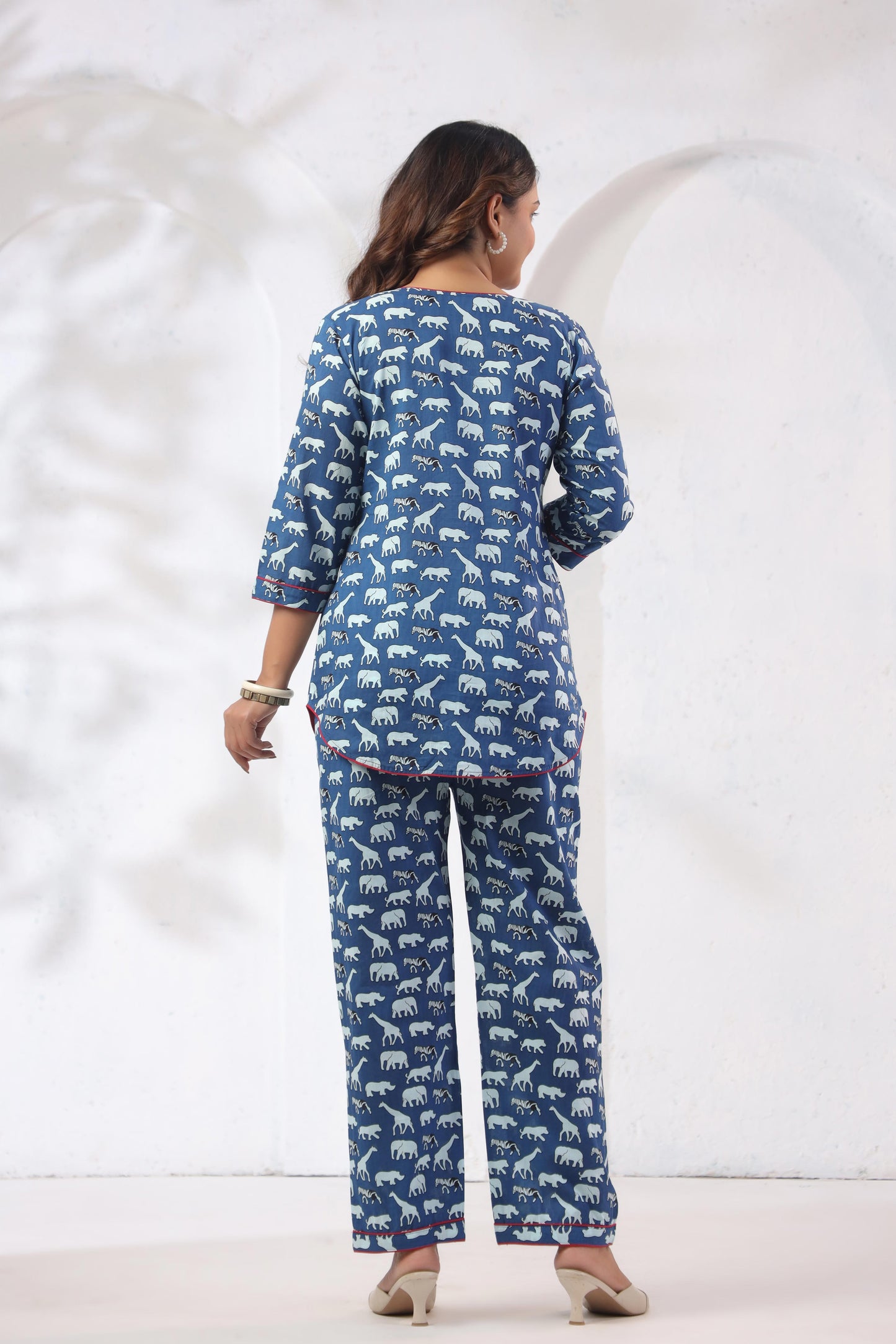 Back view of Noor Aura Safari Trail Printed Cotton Co-Ord Set in relaxed silhouette - Karpaa