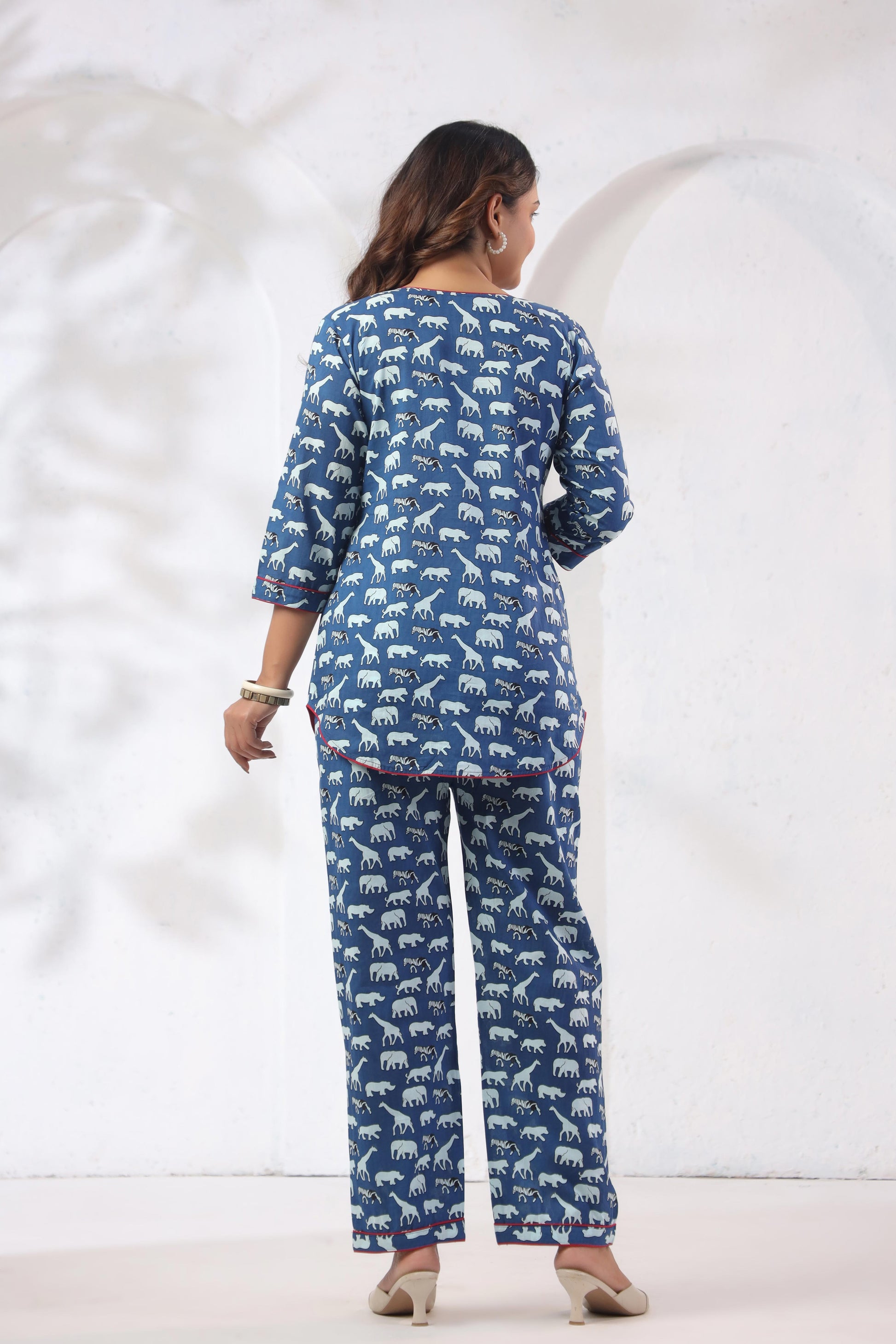 Back view of Noor Aura Safari Trail Printed Cotton Co-Ord Set in relaxed silhouette - Karpaa