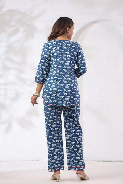 Back view of Noor Aura Safari Trail Printed Cotton Co-Ord Set in relaxed silhouette - Karpaa