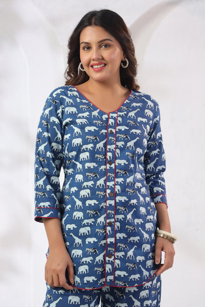Noor Aura Noor Aura Safari Trail Multicolor Printed Cotton Co-Ord Set with V-neck crop top and wide-leg pants - Karpaa