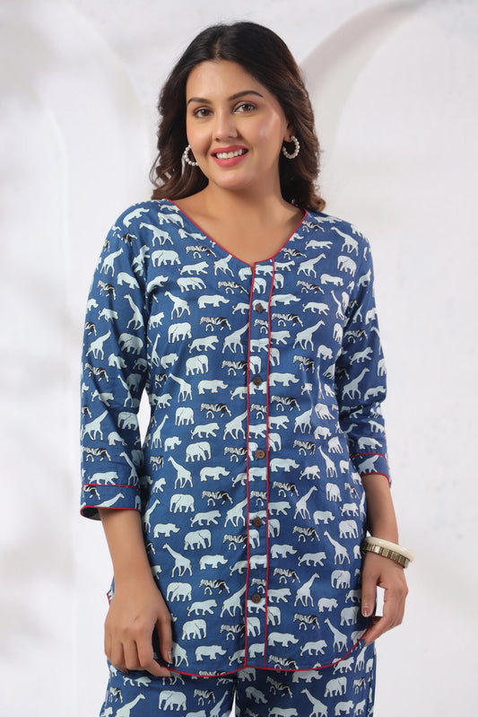 Noor Aura Noor Aura Safari Trail Multicolor Printed Cotton Co-Ord Set with V-neck crop top and wide-leg pants - Karpaa