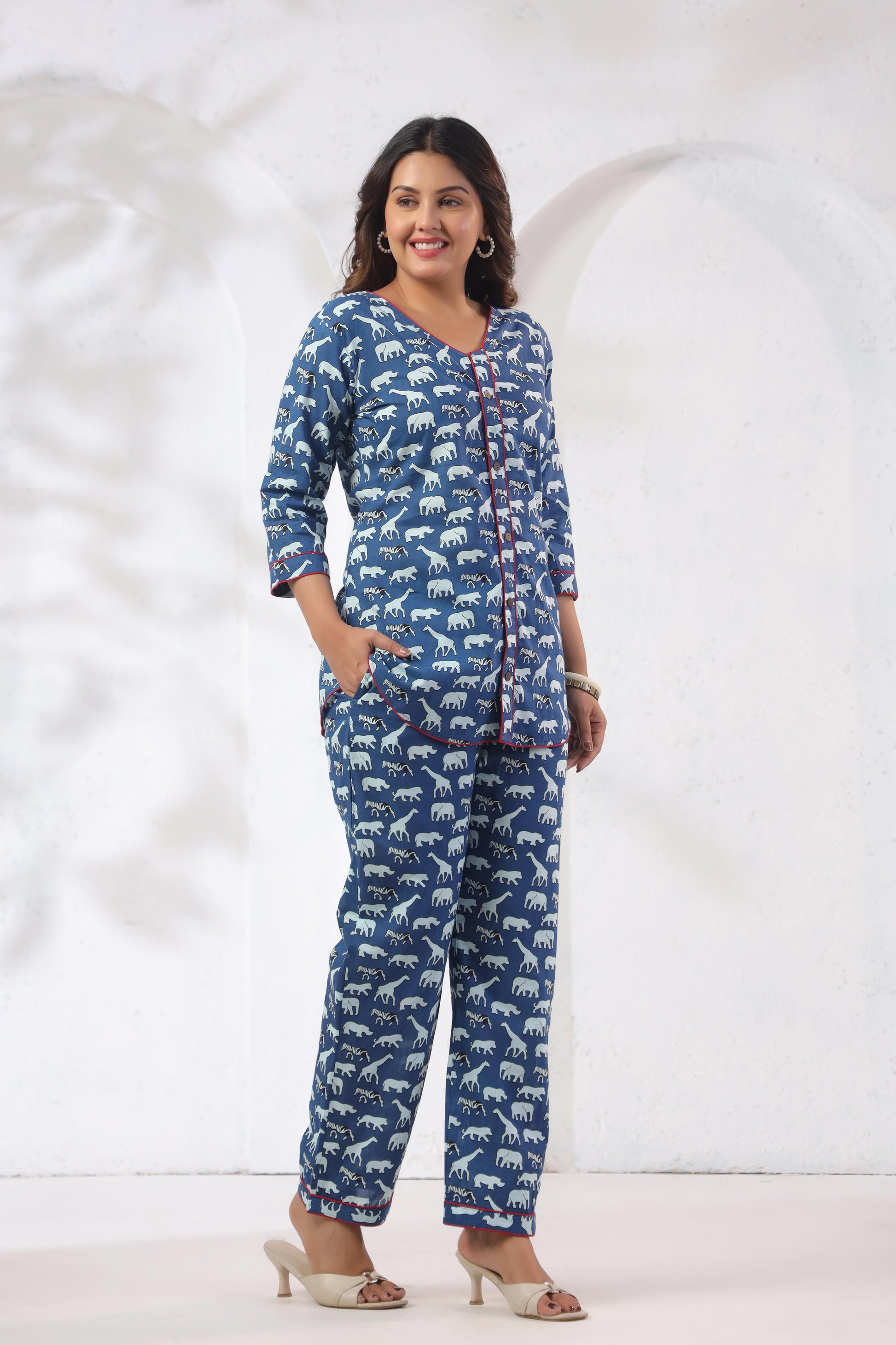 Side view of Noor Aura Safari Trail Printed Cotton Co-Ord Set in relaxed silhouette - Karpaa
