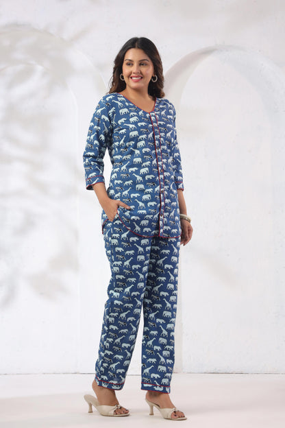 Side view of Noor Aura Safari Trail Printed Cotton Co-Ord Set in relaxed silhouette - Karpaa